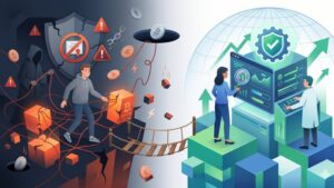 Концептуальная иллюстрация рисков работы с нелицензированными криптофондами в современном минималистичном стиле для блога